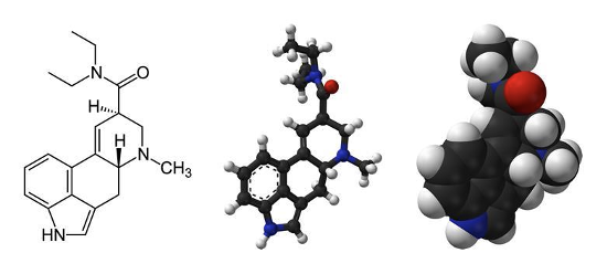 lsd——麦角酸二乙酰胺分子的骨架公式,球棒和空间填充模型