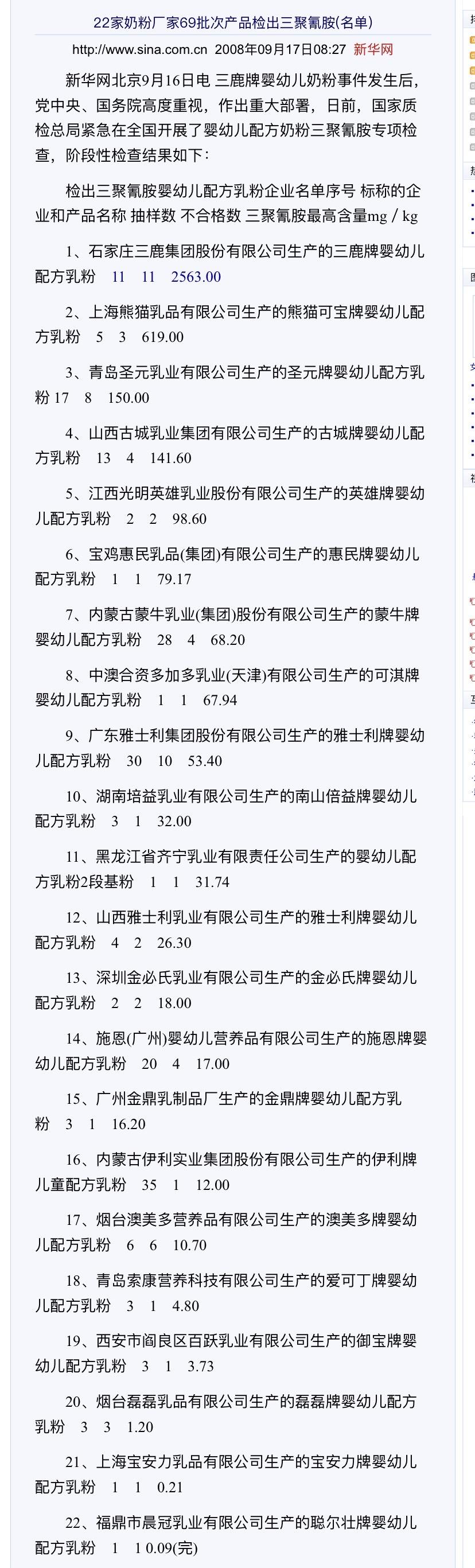 谁知道当时三聚氰胺事件哪些公司品牌加了哪些公司没加