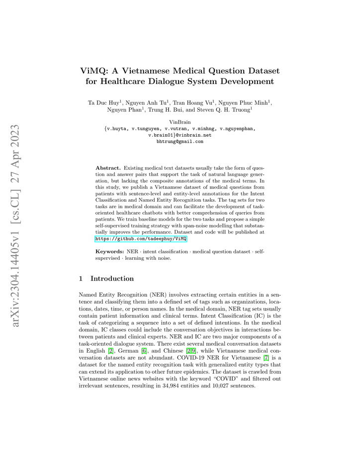 ViMQ: A Vietnamese Medical Question Dataset for Healthcare Dialogue ...