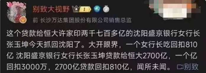2700亿回扣810亿,给恒大贷款的女行长张玉坤被抓回