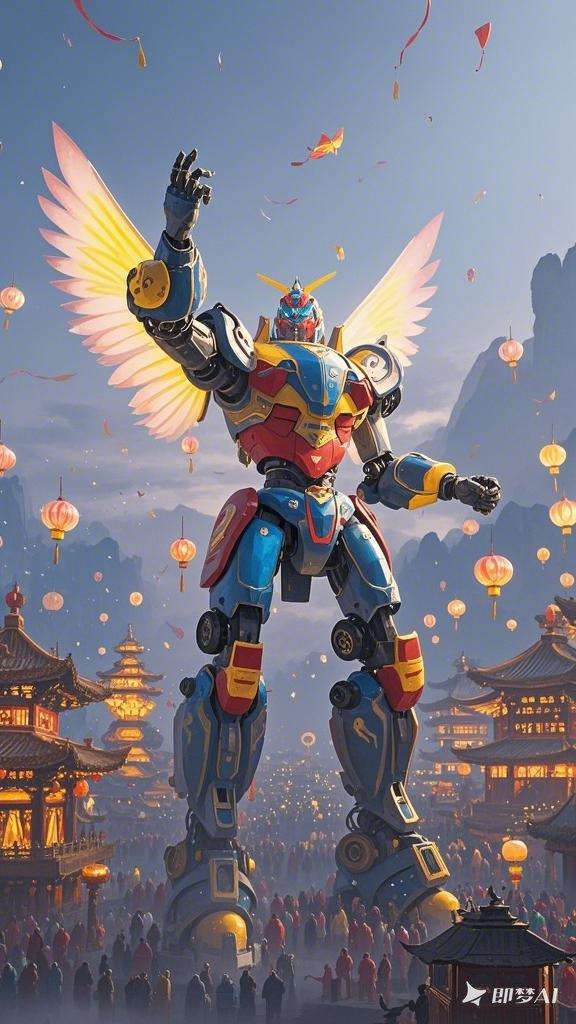 中式彩绘机器人机械神ai绘画手机壁纸