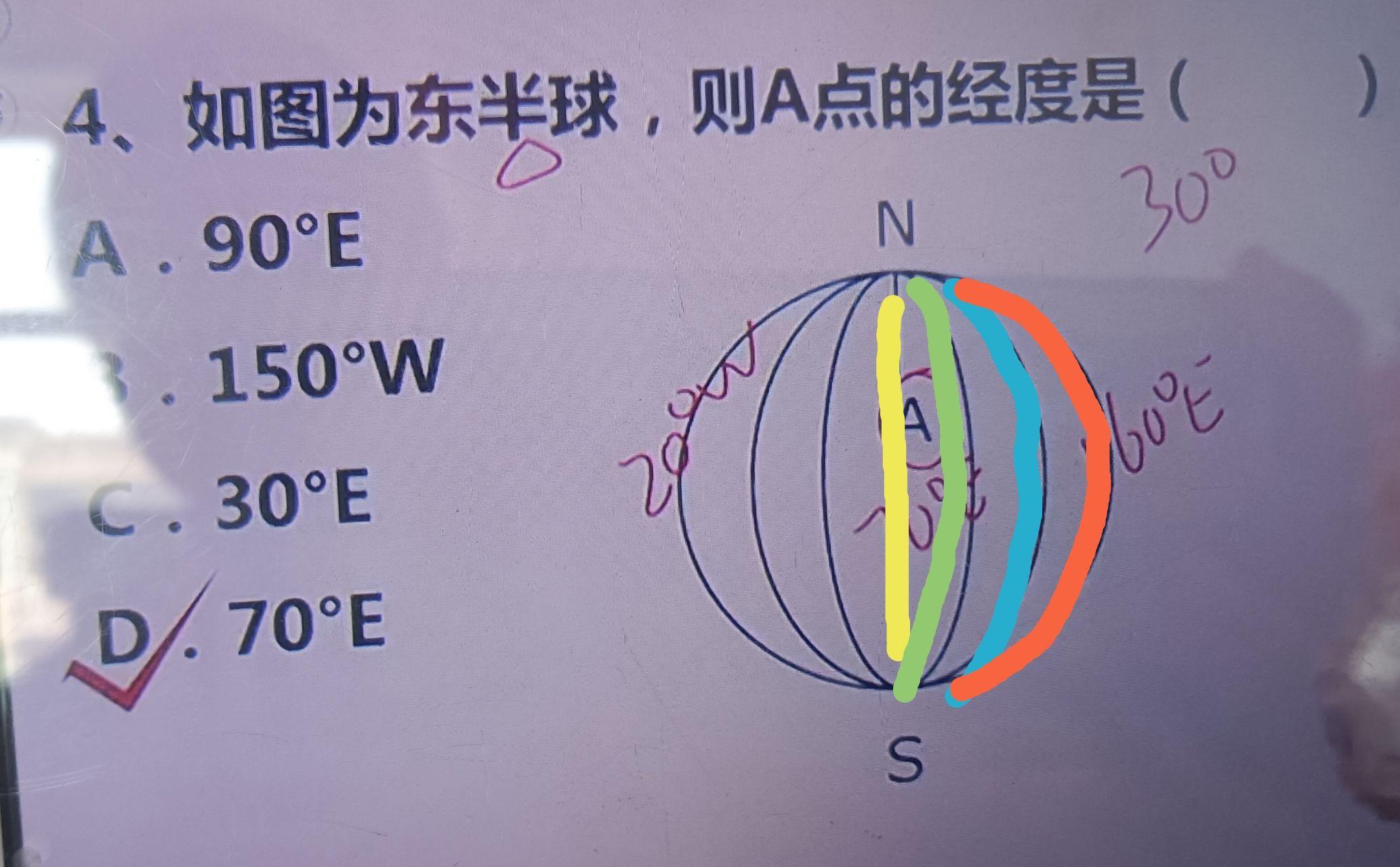 按照综上所述的话,a点的经度应该是东经90度?为什么答案是东经70度呢?