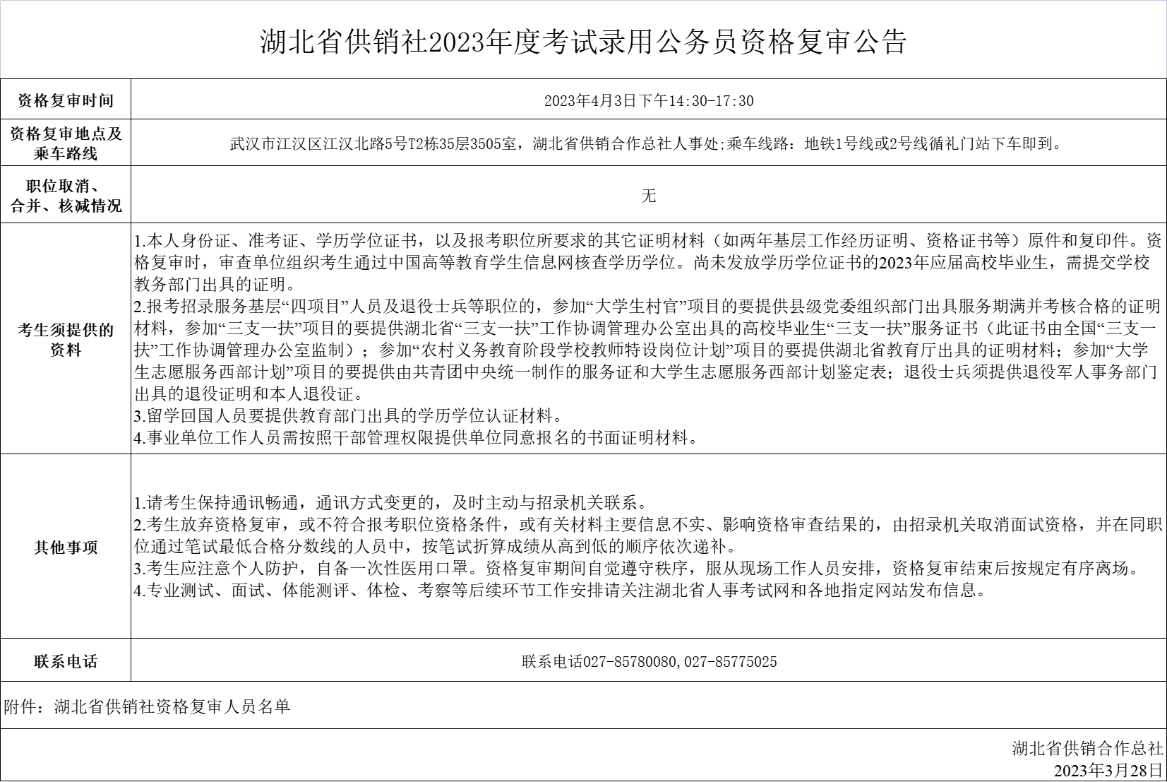 湖北省供销社2023年度考试录用公务员资格复审公告