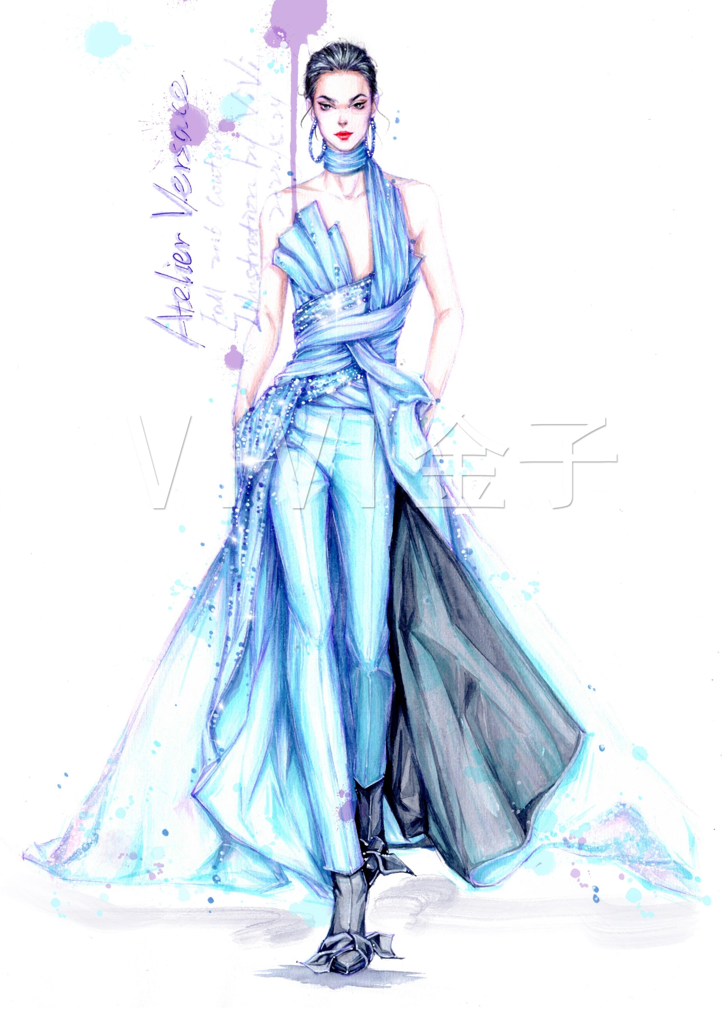 服装水彩手绘蓝色礼服上色过程