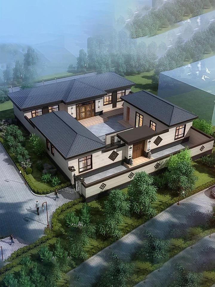 四川绵阳一层中式合院别墅 带堂屋农村自建房四合院新中式别墅图