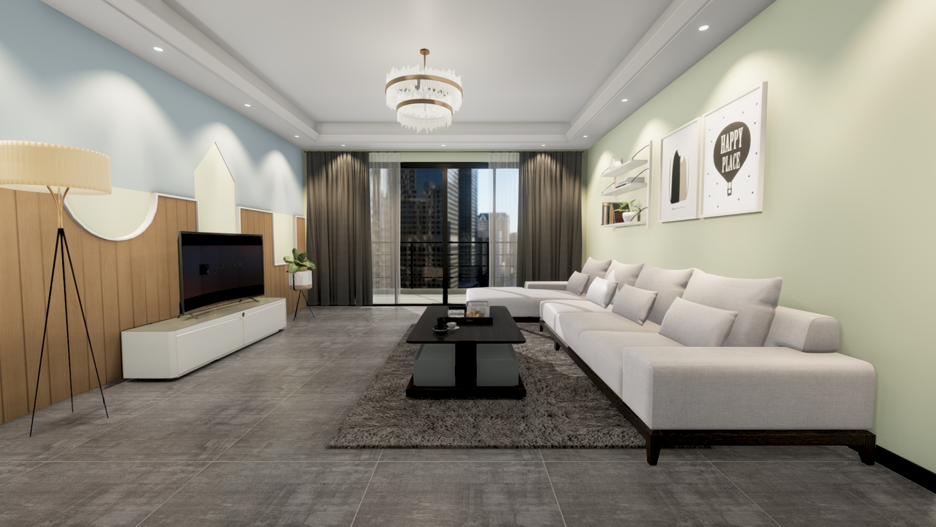 客厅餐厅用的深灰色亚光砖,像水泥地,墙上浅的淡绿色乳胶漆,采光好