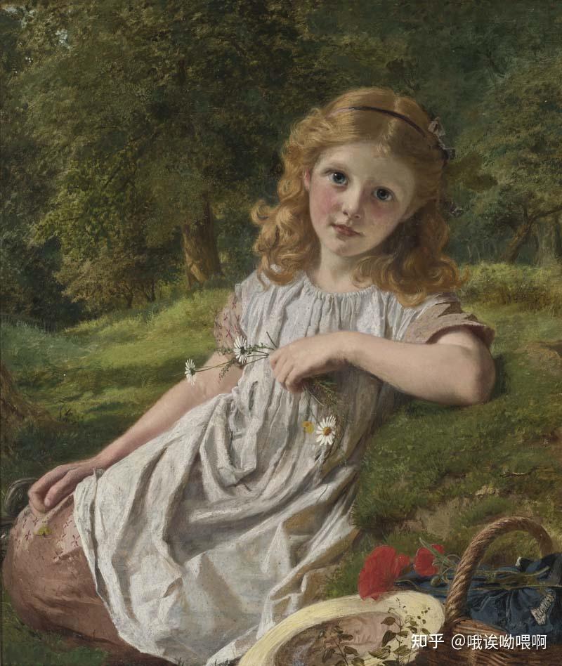 有幅油画应该是欧洲的画中有一个小女孩在一片花丛中花铺满了背景小
