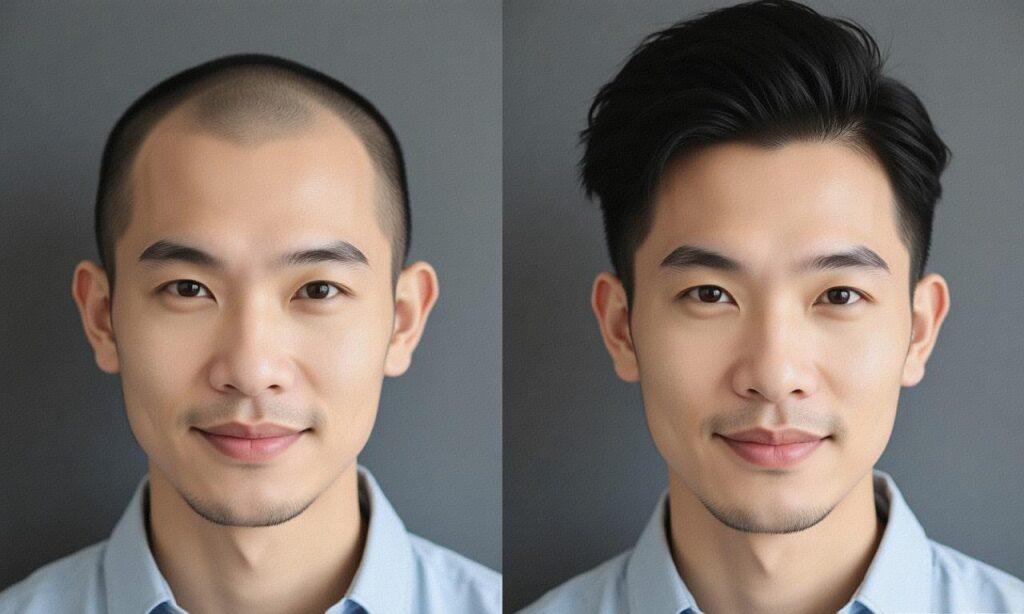 m型发际线佩戴假发前后效果对比