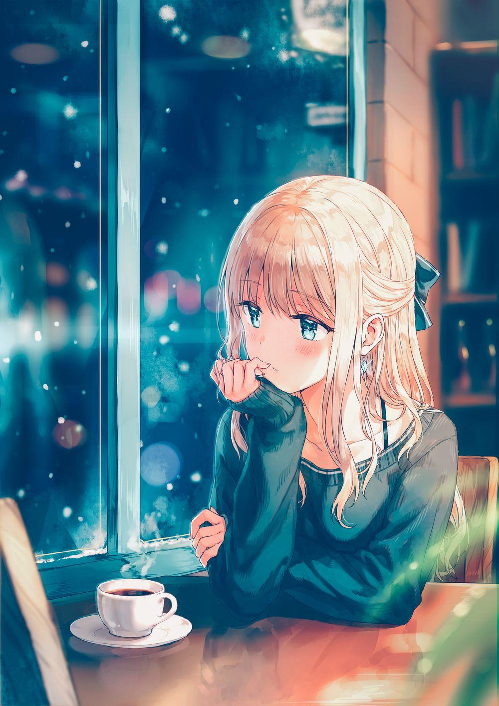 动漫女孩坐在窗边喝咖啡图片?