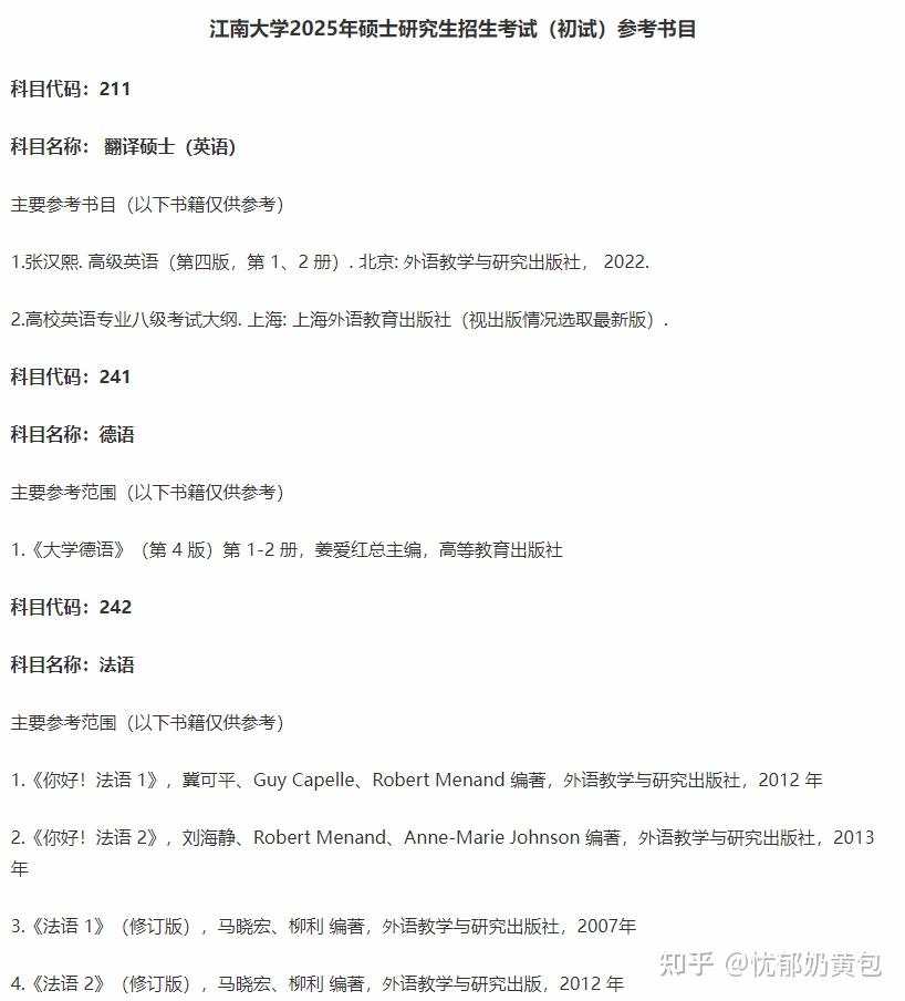 2025年江南大学考研部分考试科目参考书目汇总,已建信息交流QQ群