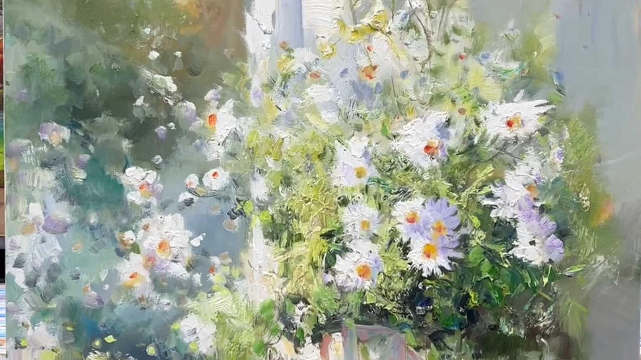 窗户印象手绘油画花瓶艺术绘画手绘