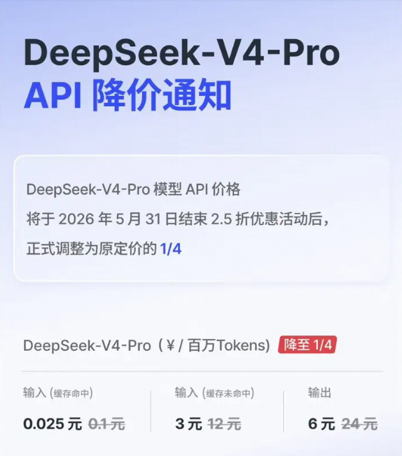 如何看待DeepSeek V4 Pro模型价格于5月31日结束2.5折优惠，调整为原定价的1/4？