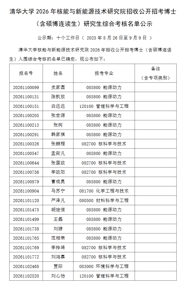 清华大学2026年核能与新能源技术研究院招收公开招考博士(含硕博连读生)研究生综合考核名单公示 - 知乎