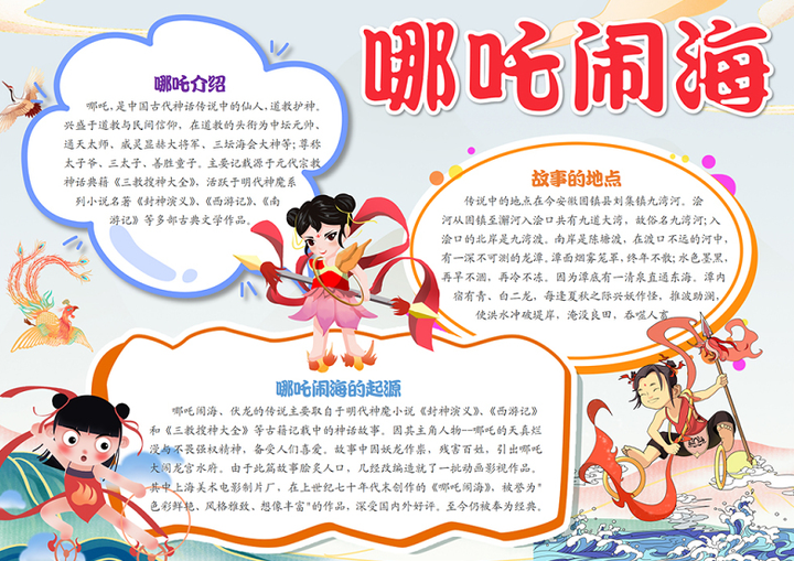 2023哪吒闹海手抄报国潮风卡通中国神话故事word电子小报模板