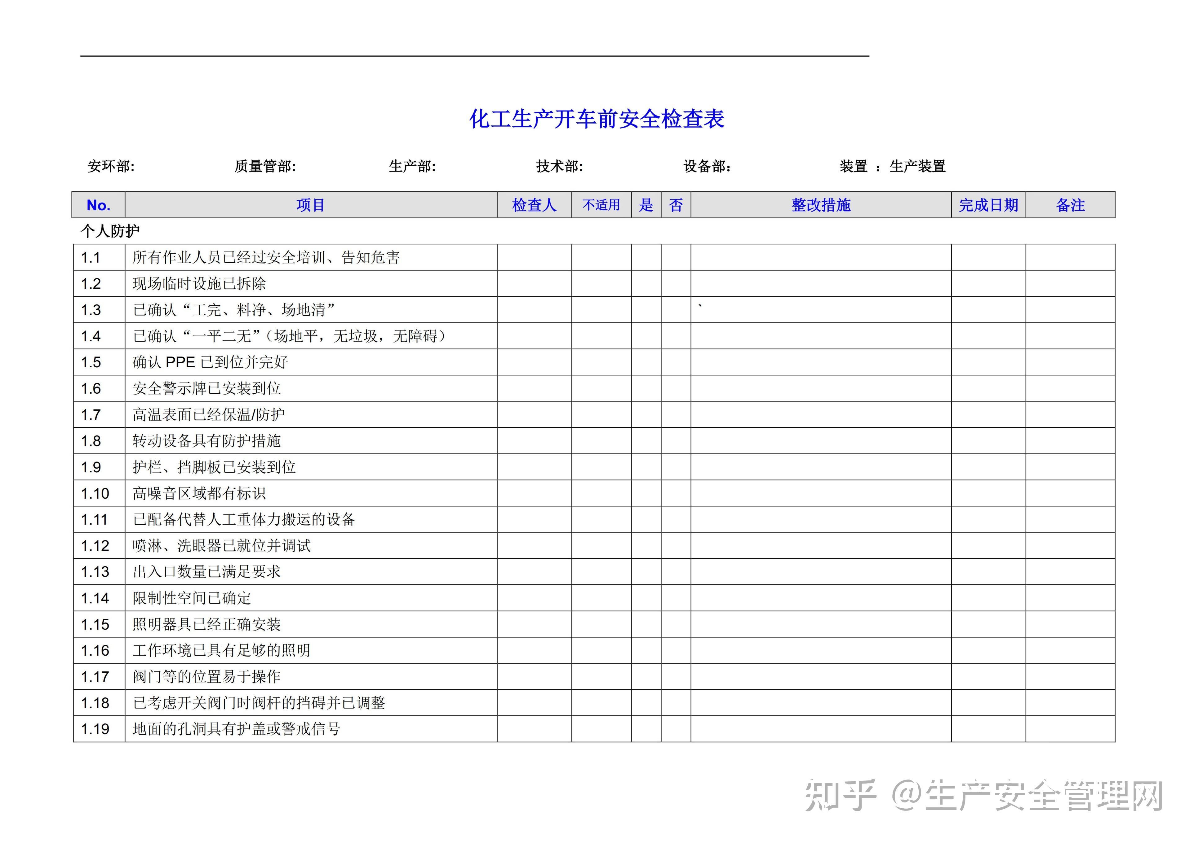 化工生产装置开车前检查表