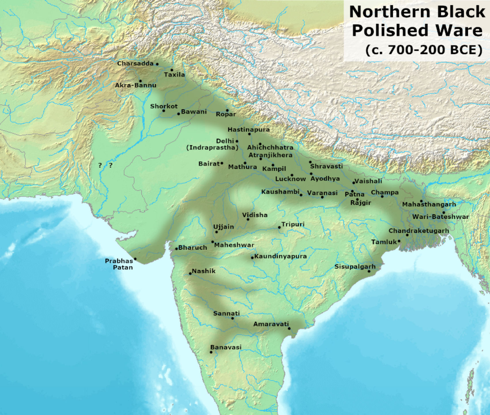 图注:佛陀时代印度北方黒色磨研土器的分布地点,体现了北印度各邦的影响力极限。德干半岛中南部的山区-森林以及西部拉贾斯坦地区的沙漠制造出了巨大的权力真空。