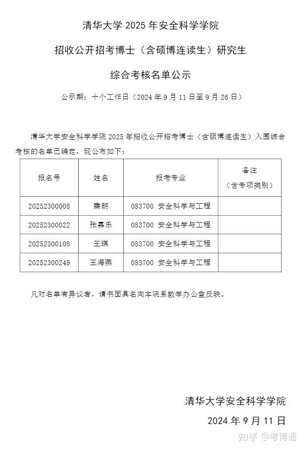清华大学2025年安全科学学院 招收公开招考博士(含硕博连读生)研究生 综合考核名单公示 - 知乎