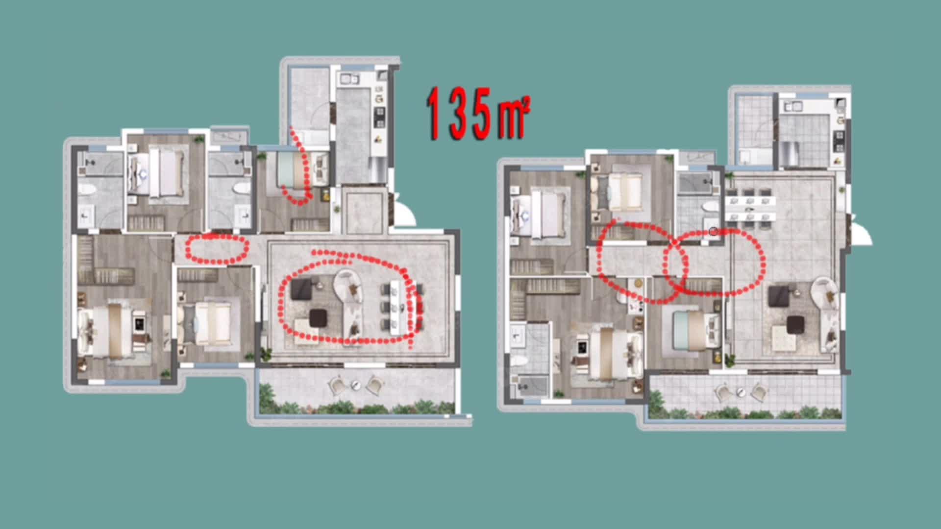 同样135㎡户型横厅和竖厅差别真大尤其右边户型硬伤难优化