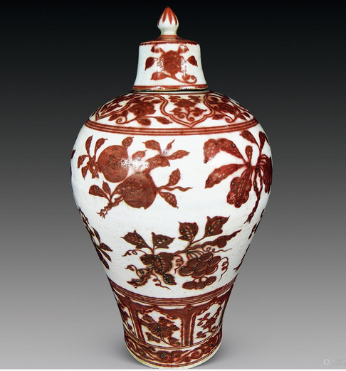 元時代釉里紅纏枝牡丹紋八方玉壺春瓶！高30.80CM 直径14cm-