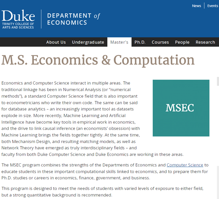 美国研究生项目 杜克大学 经济学和计算硕士 Duke University MS in Economics and Computation 知乎