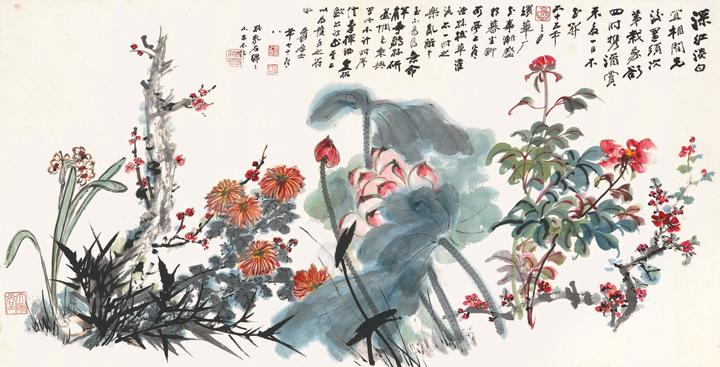 張大千 花卉画 掛け軸 中堂 花卉図 中国画 サイズ：70×173cm 张大千画四时花卉，很是自得，想和徐青藤一比高下- 知乎