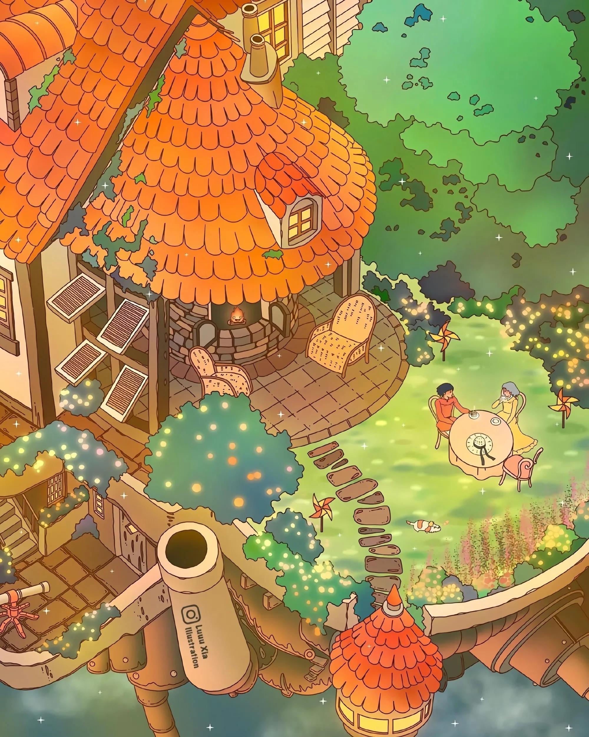 宫崎骏动漫里的场景插画,太治愈了,适合当背景图,壁纸,朋友圈状态图