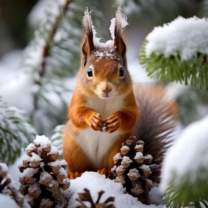 (ai绘画)小松鼠,可爱,松树,松果,雪地