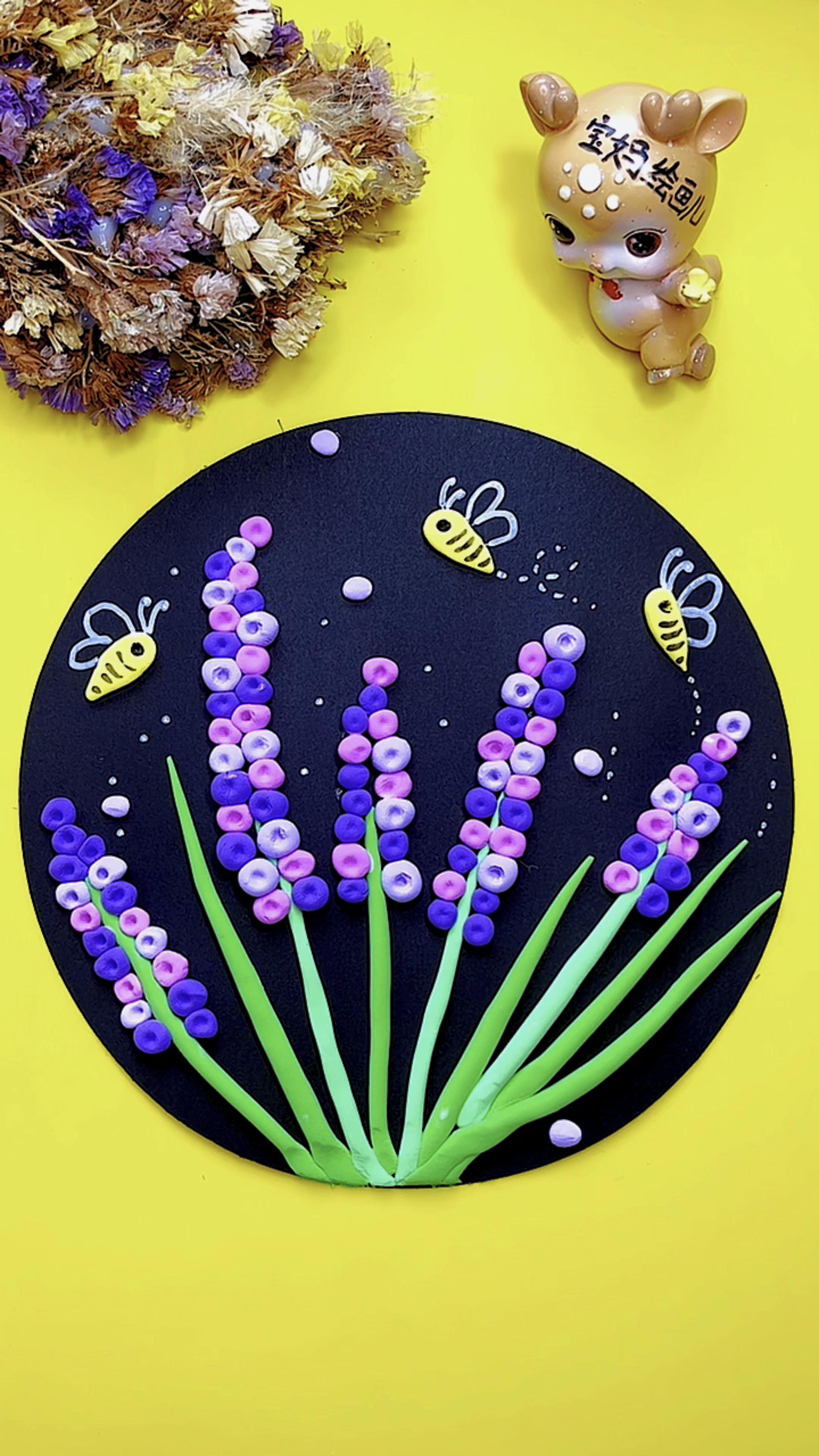 春天粘土画春天粘土手工夜景紫色的薰衣草