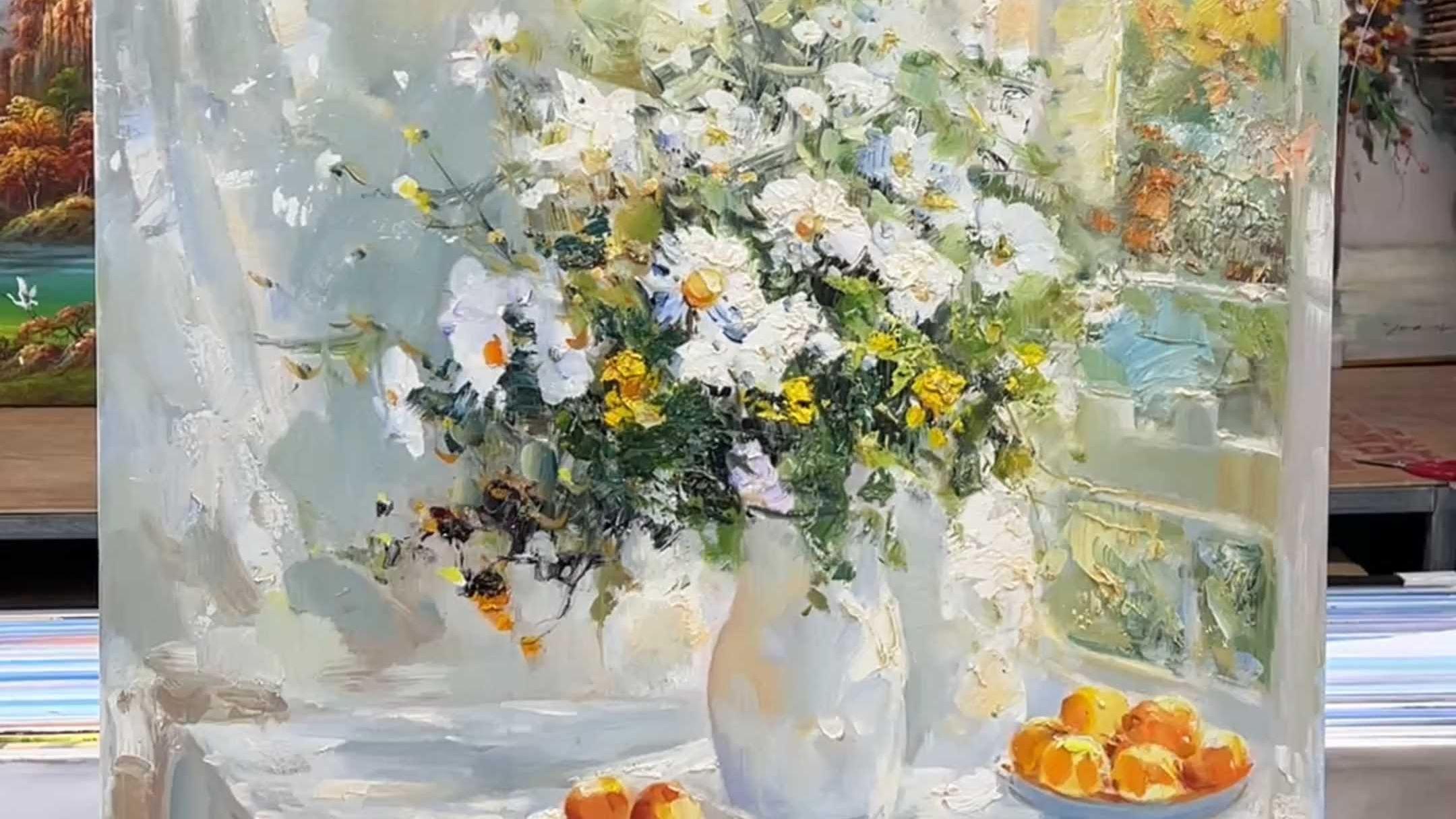 刮刀手绘油画窗台花瓶花艺术绘画手绘