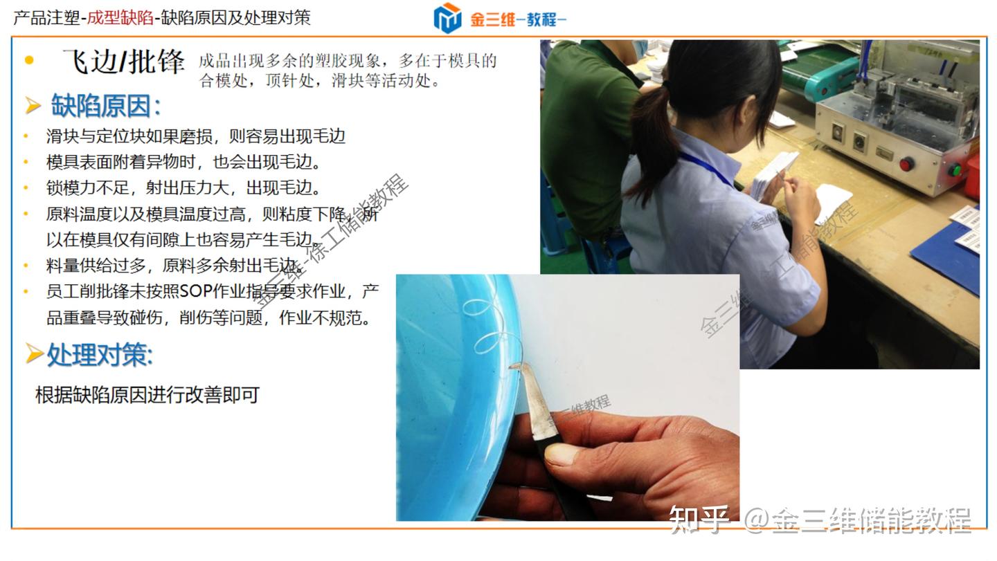 常见注塑成型缺陷分析及解决-顶白,黑点,黑纹,冷料斑,飞边,批锋,缺胶,起层,分层,皱褶,翘曲变形,熔接线,夹水线,烧焦,困气 - 知乎