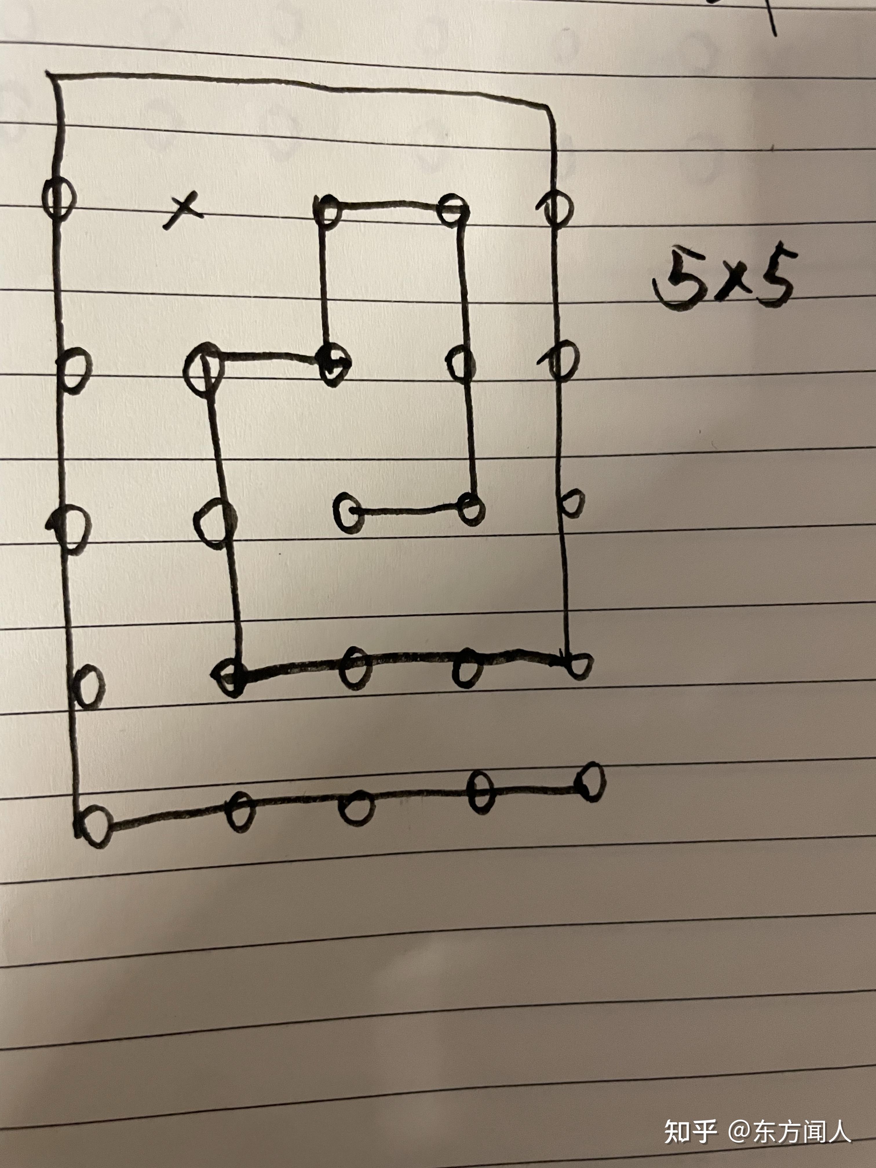 一笔画连接34个点这些点呈5行7列均匀排布其中最后一行第六个为空不能