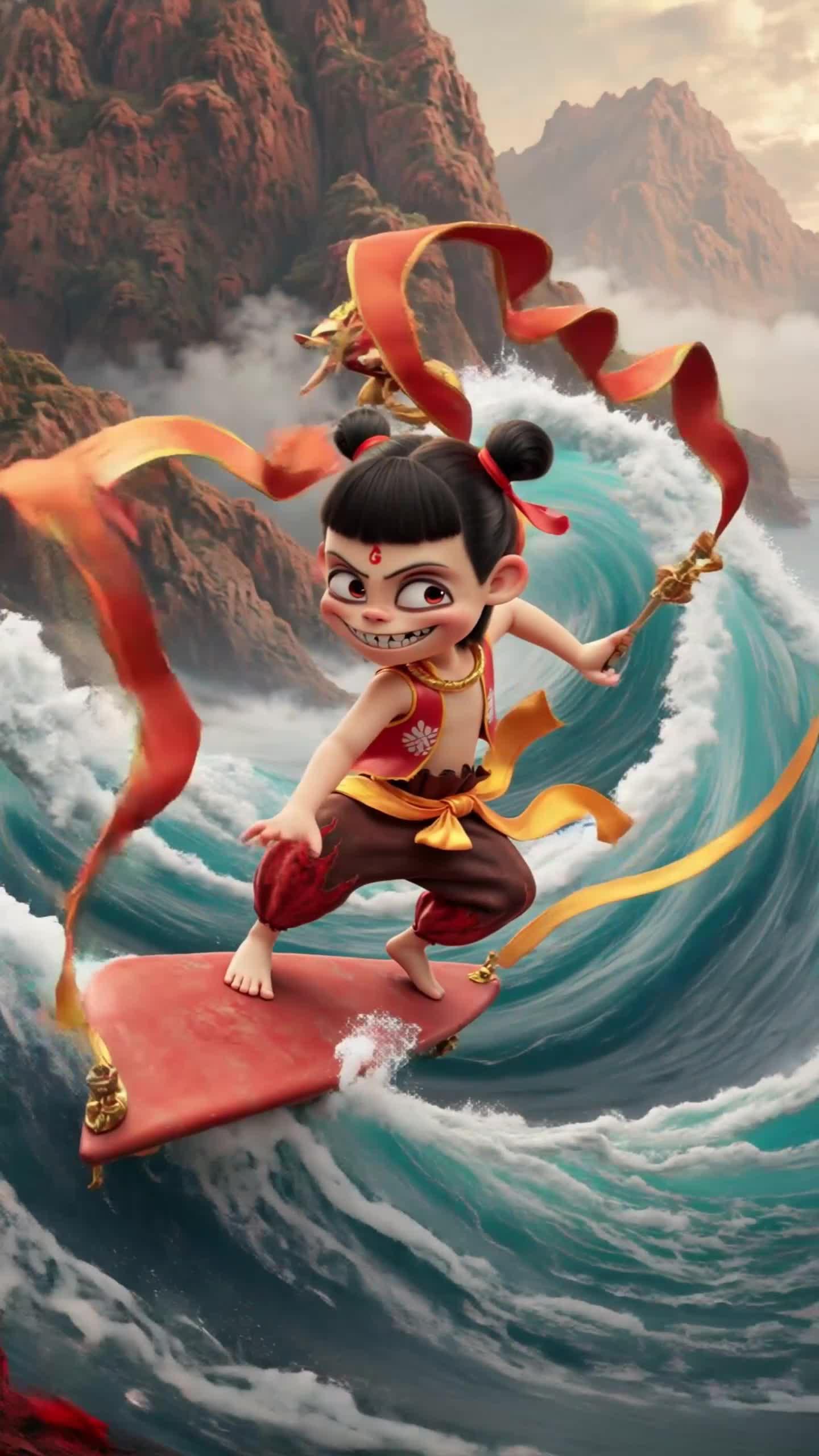 【ai视频】哪吒冲浪