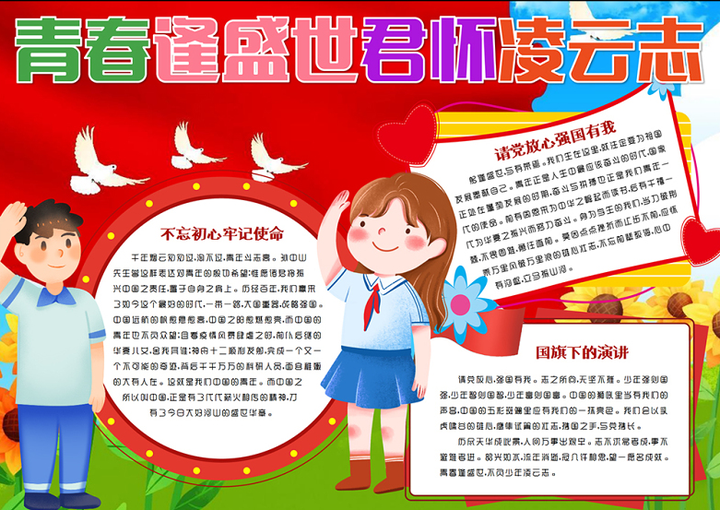 2023青春逢盛世君怀凌云志手抄报红色卡通风国旗下的讲话word电子小报