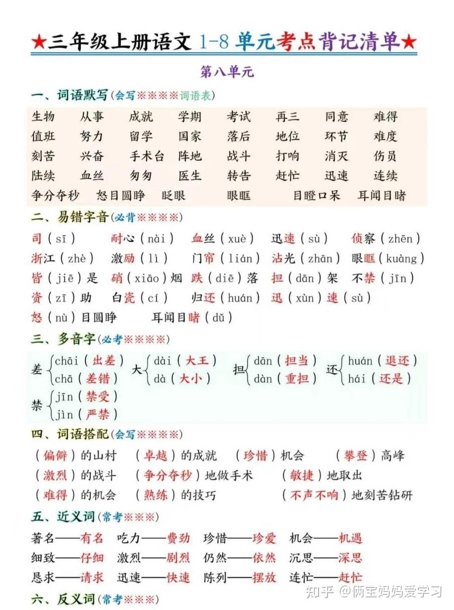 25新三年级上册语文1-8单元考点背记清单(电子版可打印) - 知乎