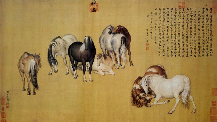 清郎世宁《八骏图》】 《八骏图》现藏台北故宫博物院，是在一棵