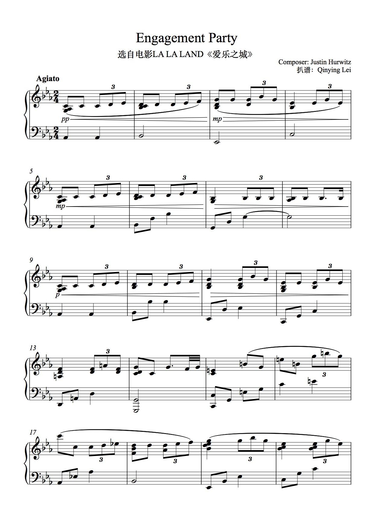 lalaland爱乐之城主题曲钢琴曲谱