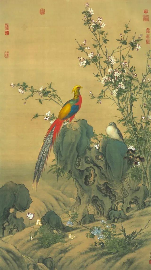 古花鳥画 絹本 無落款 中国画 清時代 鳥と花の掛軸 掛軸 清華『