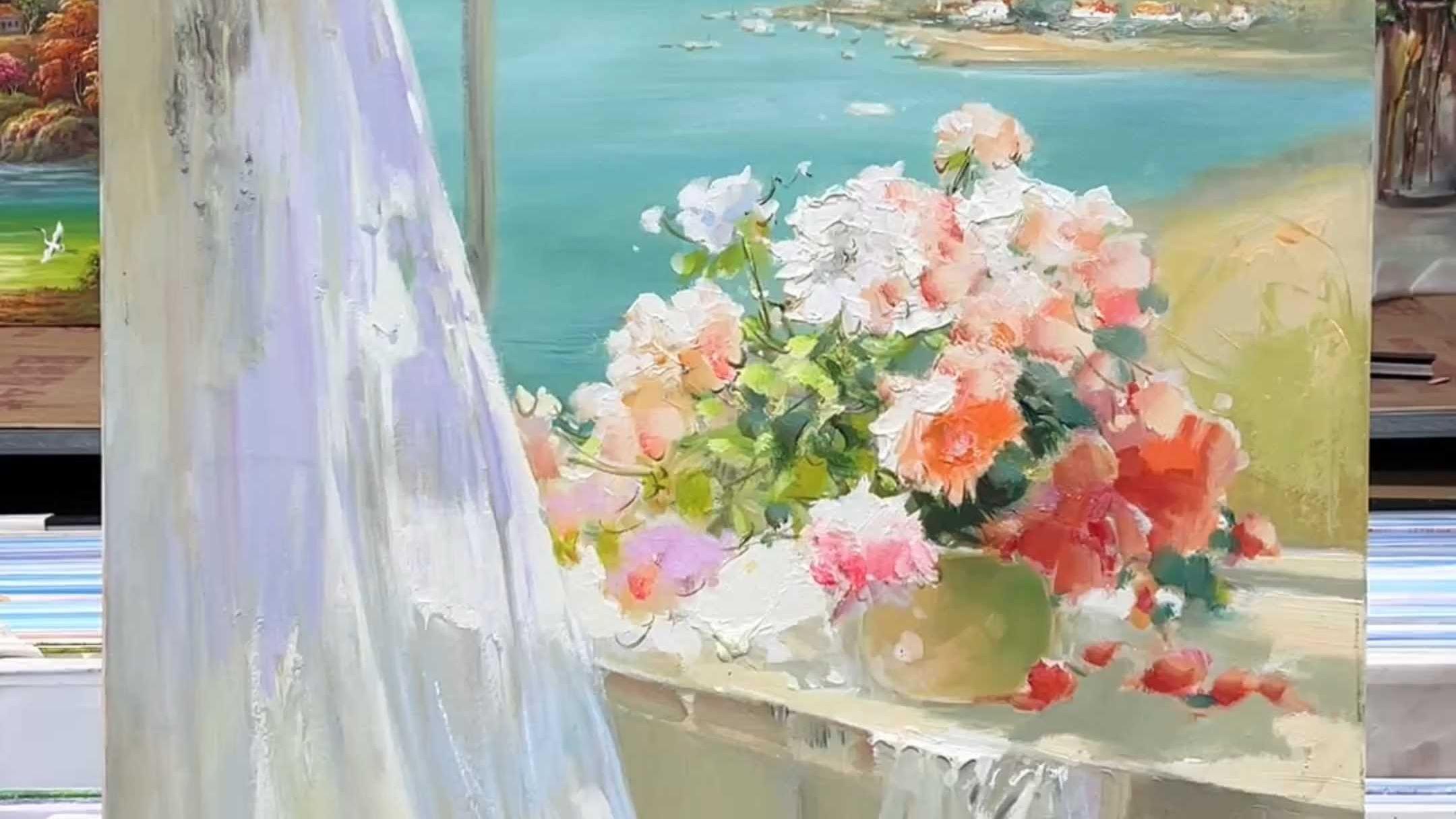 印象手绘油画窗台花瓶花艺术绘画手绘