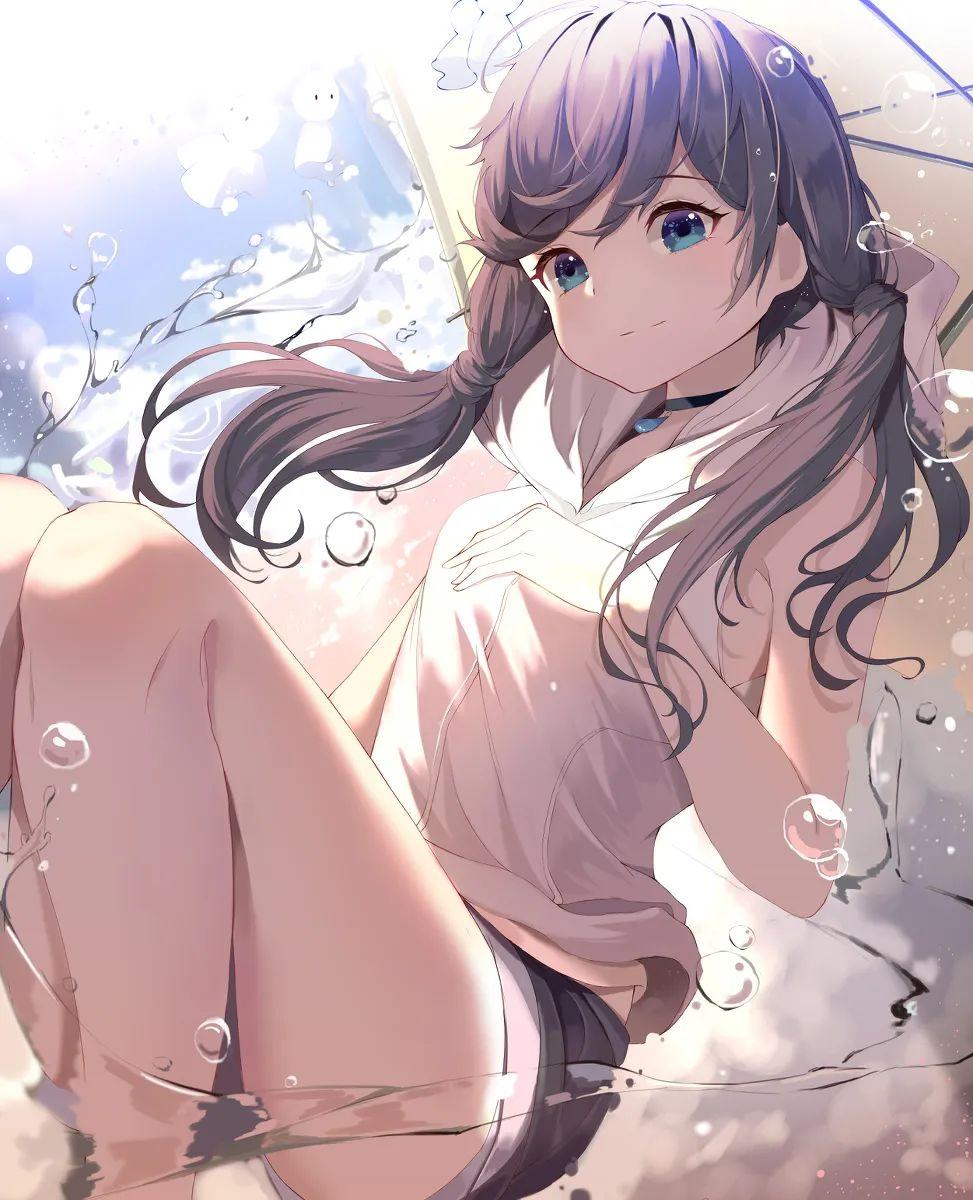 找一张二次元壁纸双马尾头插玫瑰花粉色裙子荡秋千有些欧式有些田园