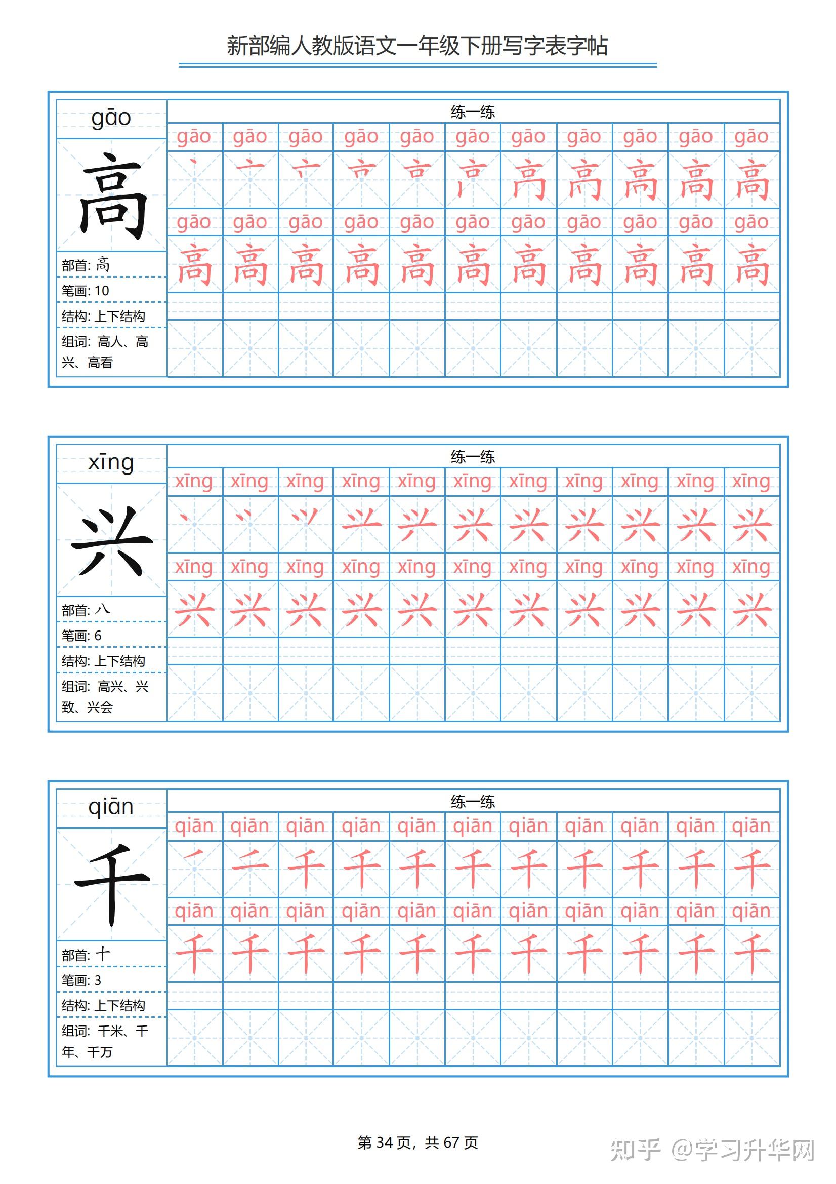 一年级下册语文生字表笔顺带拼音统编版(67页完整版分享) - 知乎