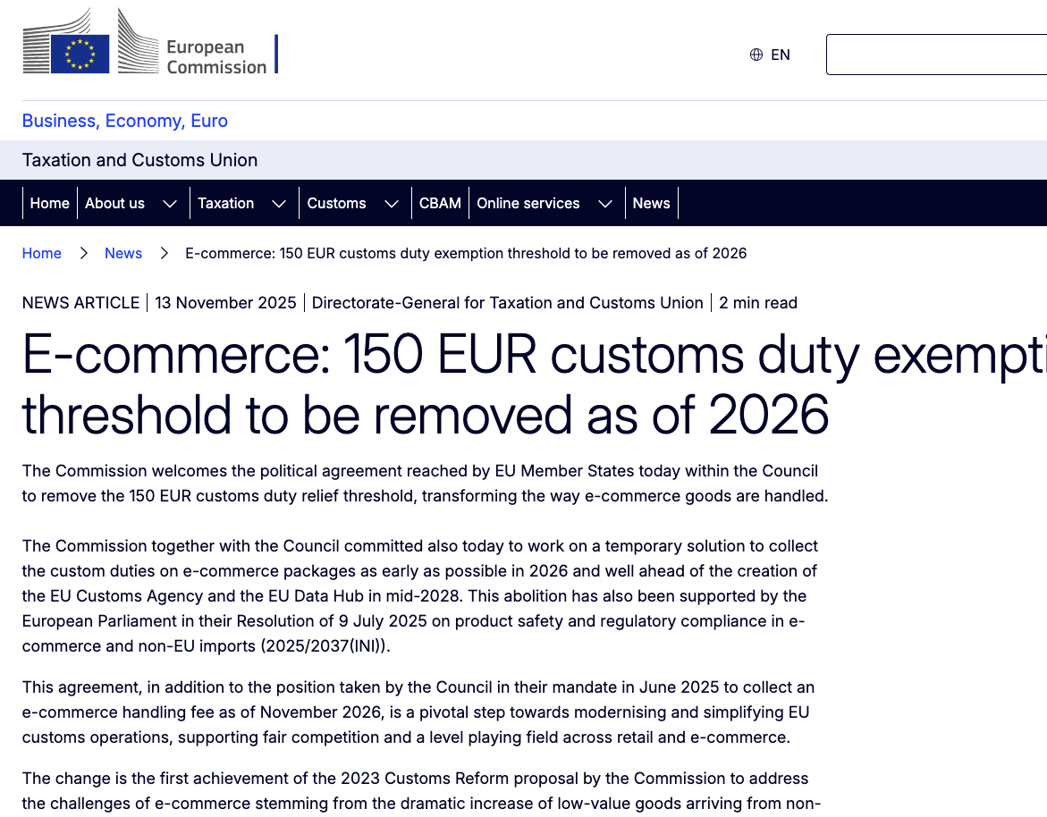 欧盟取消150欧元关税豁免门槛，2026年实施！ - 知乎