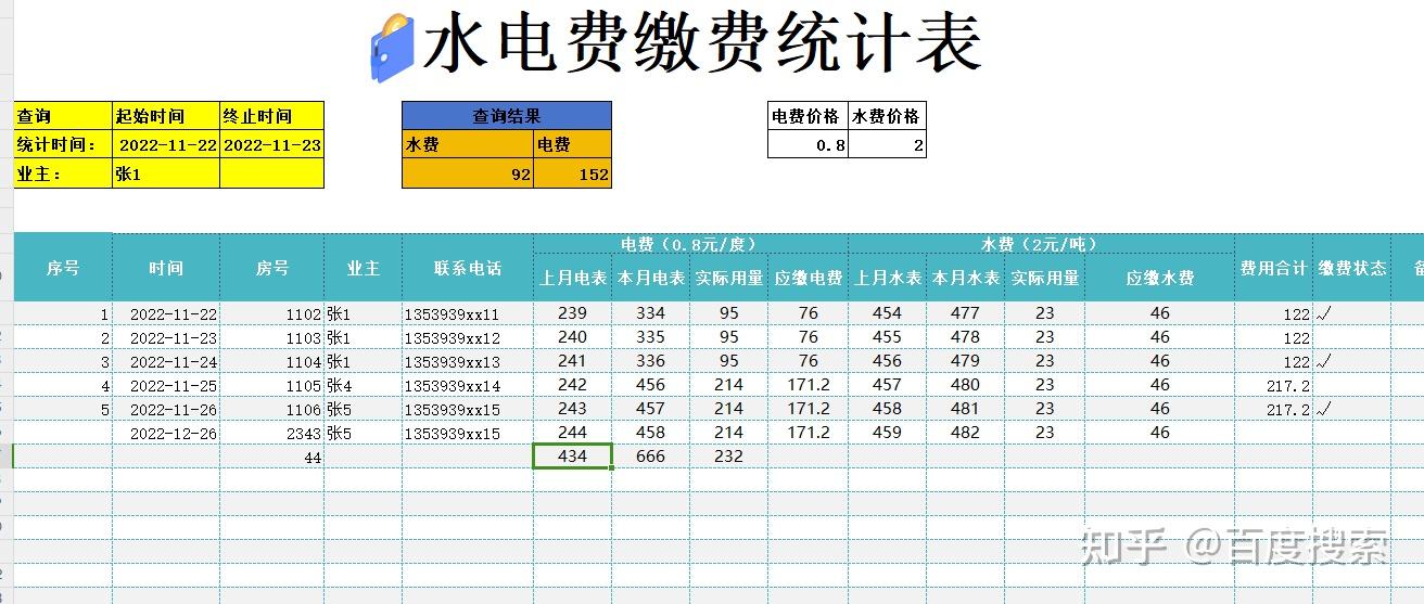 水电费缴费统计表模板