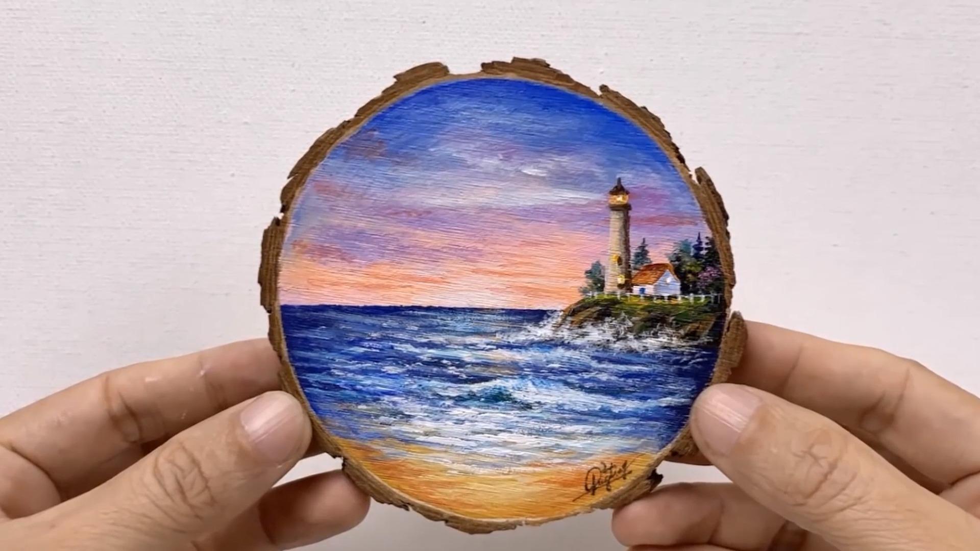 教你在木板上画一幅漂亮的海浪小岛风景