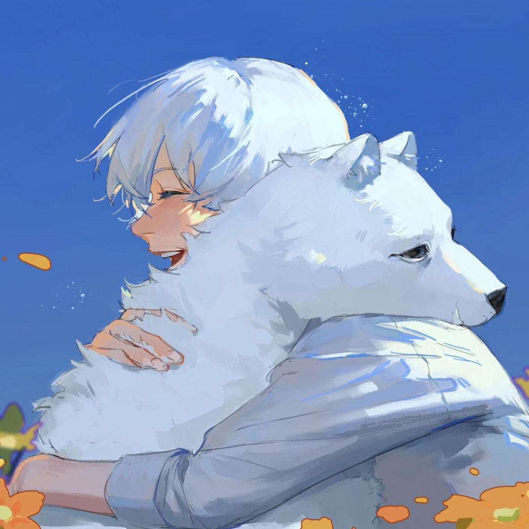 有没有一张白发少年抱着一只白狼或白狐的头像? 