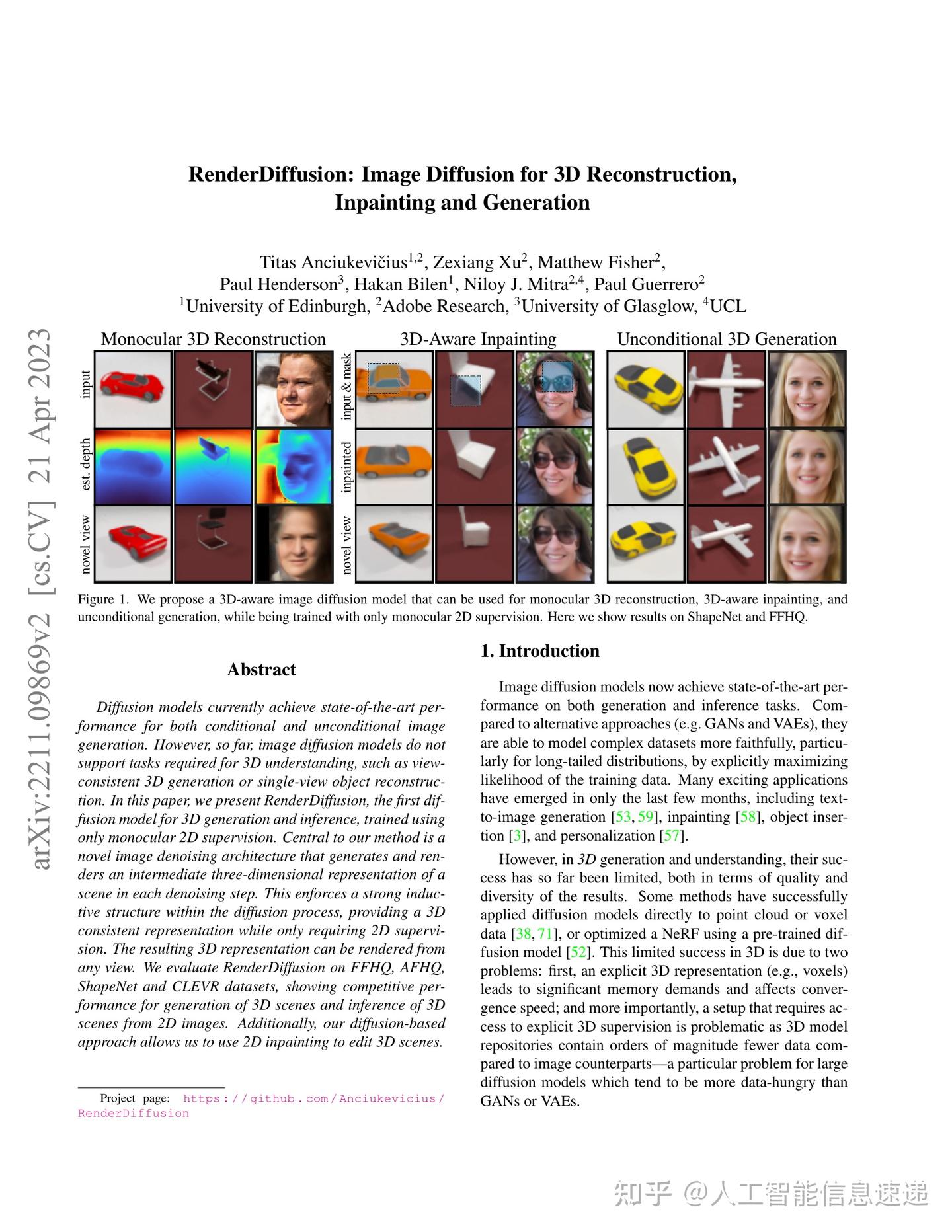 RenderDiffusion: Image Diffusion for 3D Reconstruction, Inpainting and ...