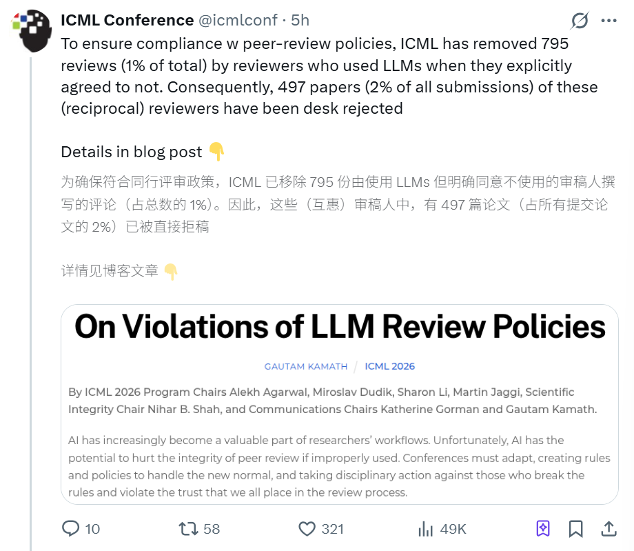 如何看待 ICML 2026 因审稿人违规使用 AI 而一次性桌拒 497 篇论文？