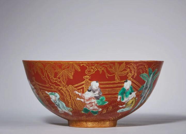 清 /赤珊瑚釉•紅釉小卷缸/ 文房具【大清乾龍年