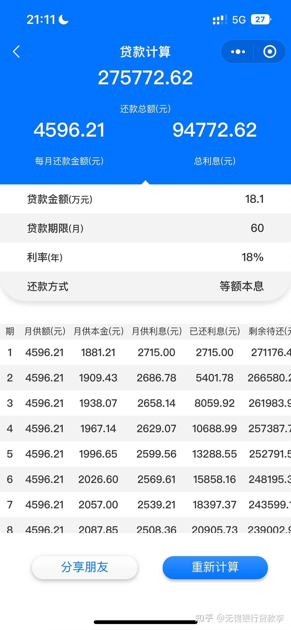 求银行消费贷181万年利率18等额本息贷款期限60个月求专业的帮帮我这