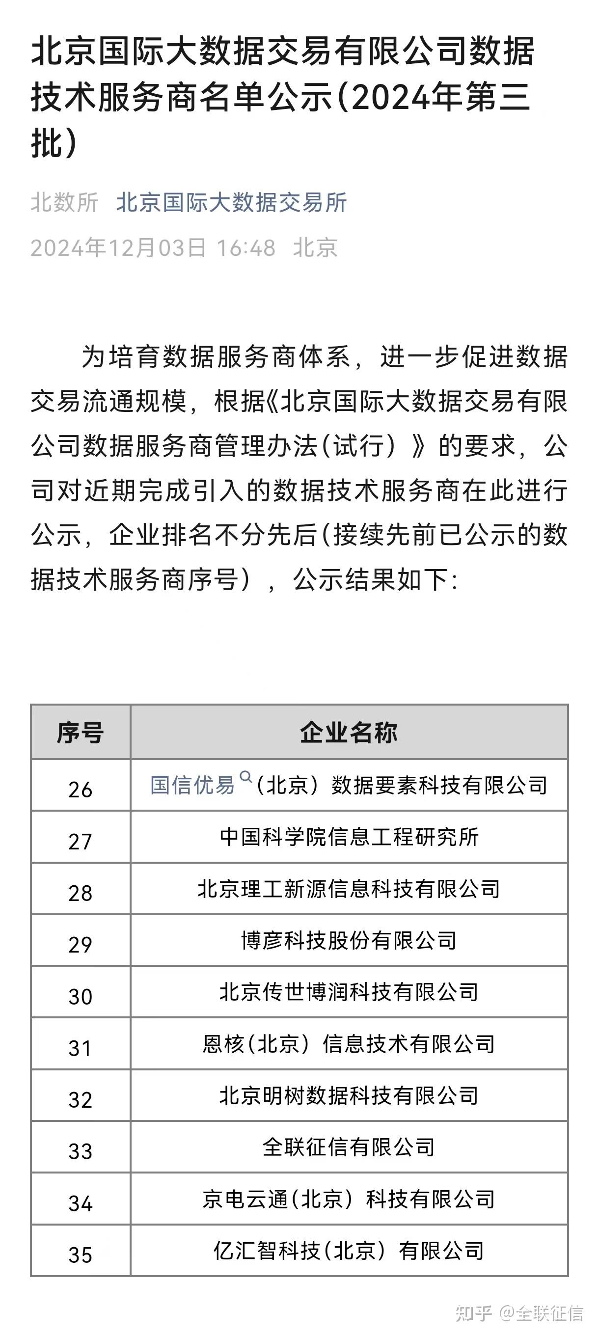 全联征信认证成为北京国际大数据交易所数据技术服务商- 知乎