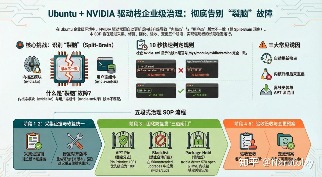 把 GPU 驱动从“玄学可用”变成“可审计可回滚”：一次 Ubuntu + NVIDIA Split-Brain 治理手册化复盘 - 知乎